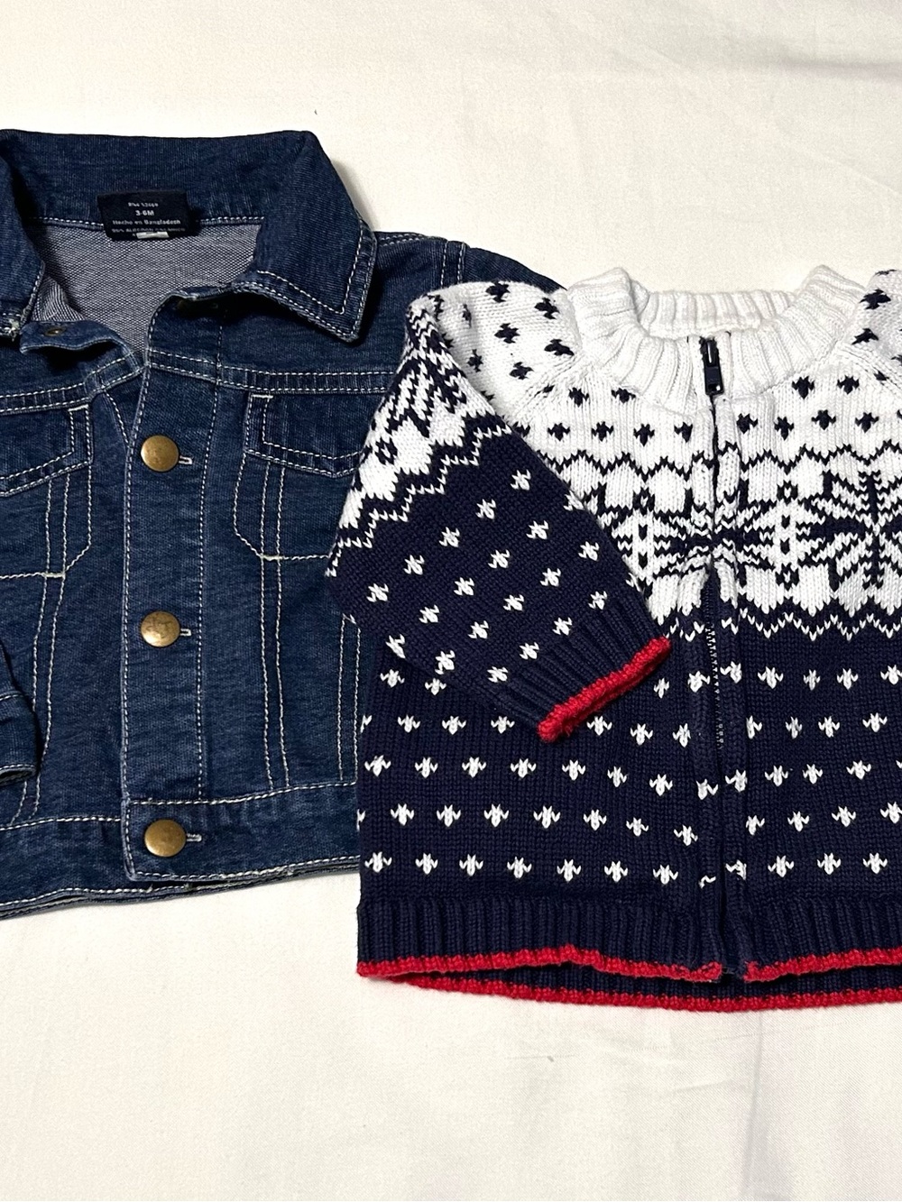 3-6 Month 2 pieces! Fair Isle Zip Cardigan Sweater & Light Weight Denim Jacket